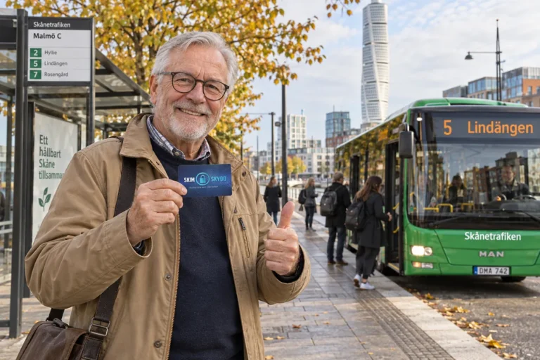 En person visar ett SkimSkydd RFID-skyddskort och gör tummen upp vid en busshållplats i Malmö