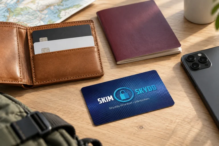SkimSkydd-kort med plånbok och pass inför en resa
