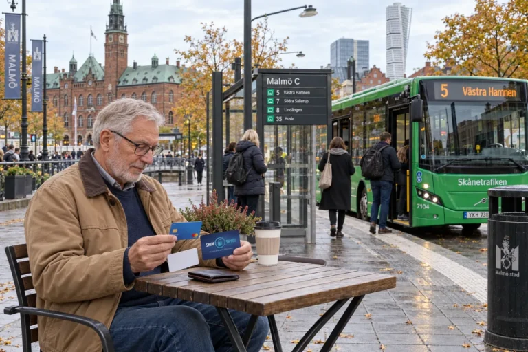 En person skiljer på bankkort, passerkort och SkimSkydd vid en busshållplats i Malmö