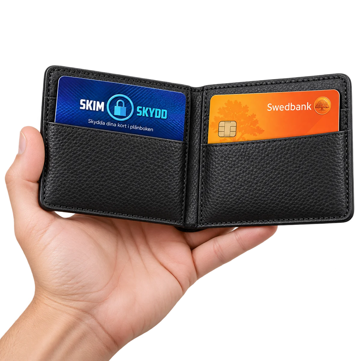En hand håller en svart plånbok med SkimSkydd RFID-skyddskort och ett Swedbank-bankkort