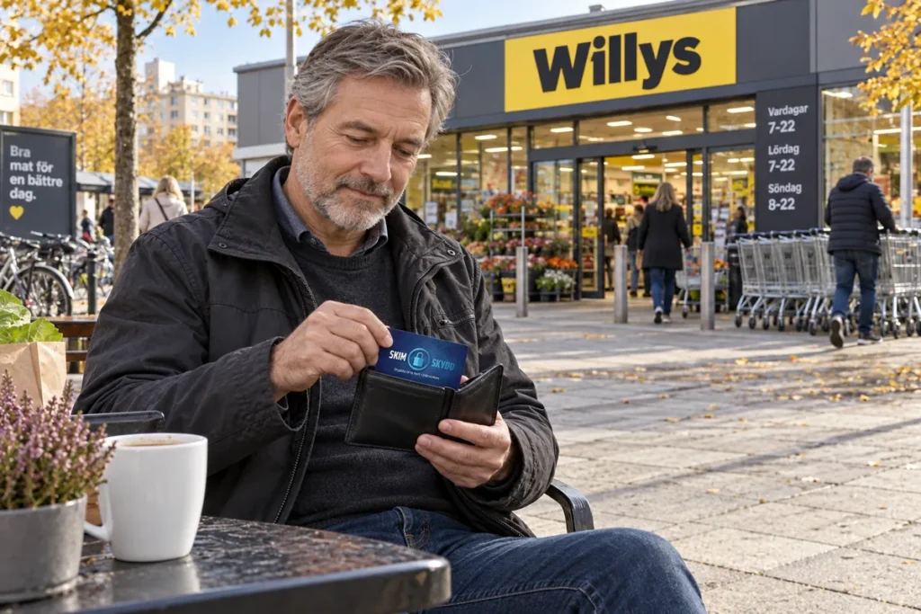 En person ordnar ett SkimSkydd RFID-skyddskort och bankkort i plånboken utanför en Willys-butik i Sverige