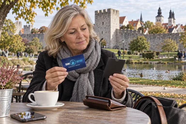 SkimSkydd RFID-skyddskort och plånbok i en vardagsscen utomhus vid Almedalen i Visby
