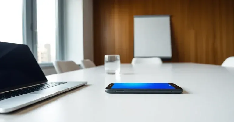 Mobiltelefon och bärbar dator på ett ljust konferensbord.