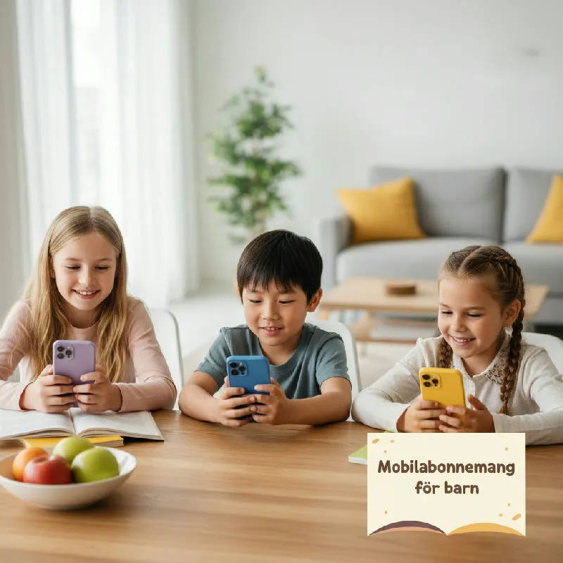 Familj som jämför mobilabonnemang och surf tillsammans