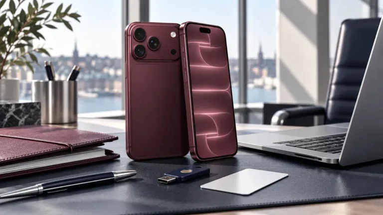 iPhone 18 på ett modernt företagsbord med dator, säkerhetsnyckel och dokument