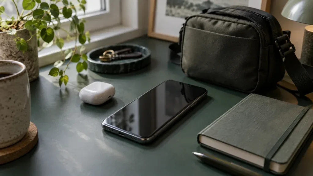 Mobiltelefon, trådlösa hörlurar i laddningsetui och anteckningsbok inför val av mobilpaket