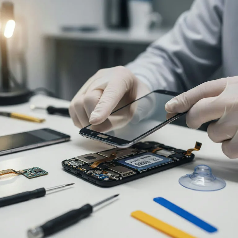 Sprucken smartphone-skärm som behöver kontrolleras före reparation