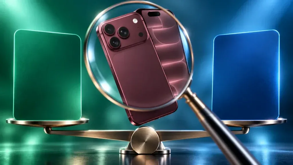 iPhone 18 granskas med förstoringsglas mellan två erbjudandealternativ