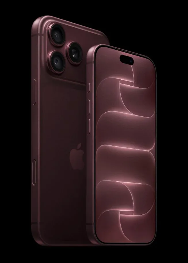 iPhone 18 Pro framifrån och iPhone 18 Pro Max bakifrån i färgen burgundy.