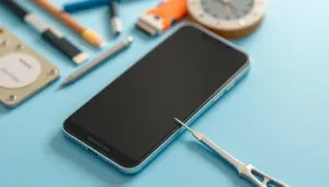 Smartphone med skärm och reparationsverktyg