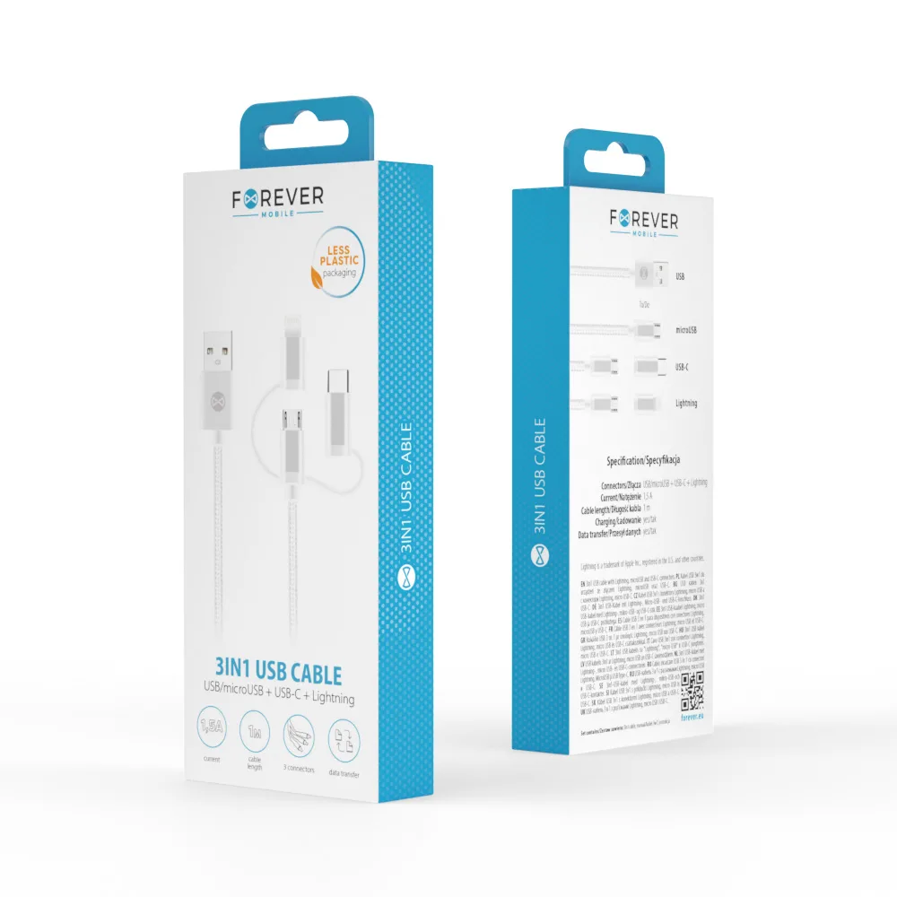 Forever 3in1-kabel USB – Lightning + USB-C + microUSB 1,0 m 1,5A vit