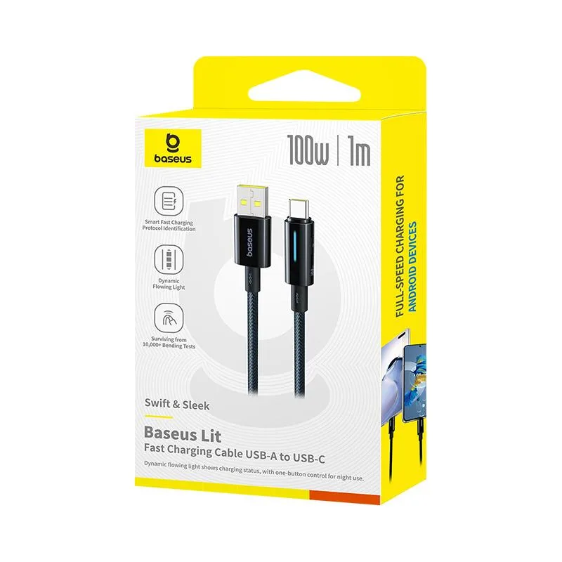 Baseus Lit Button-Control Fast Charging Data Cable USB-A to USB-C 100W 1m Cosmic Black