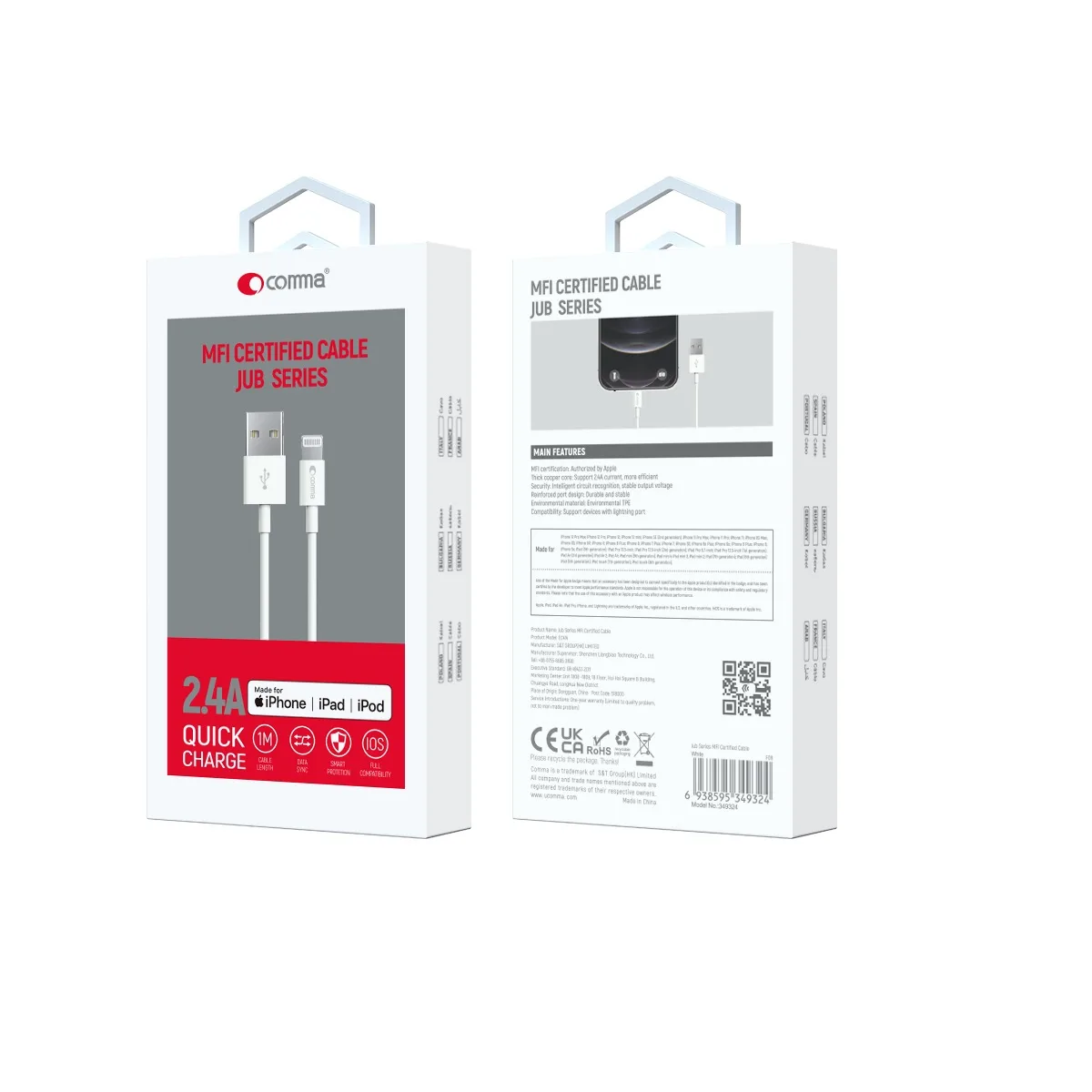 Komma-kabel Jub MFi USB – Lightning 2,4A 1,0m vit
