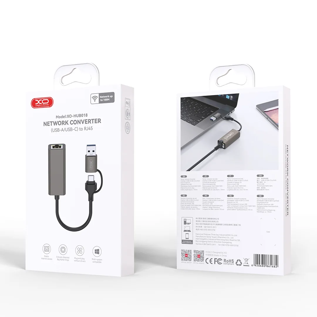 XO adapter HUB HUB018 2w1 USB-USB-C – RJ45 gray