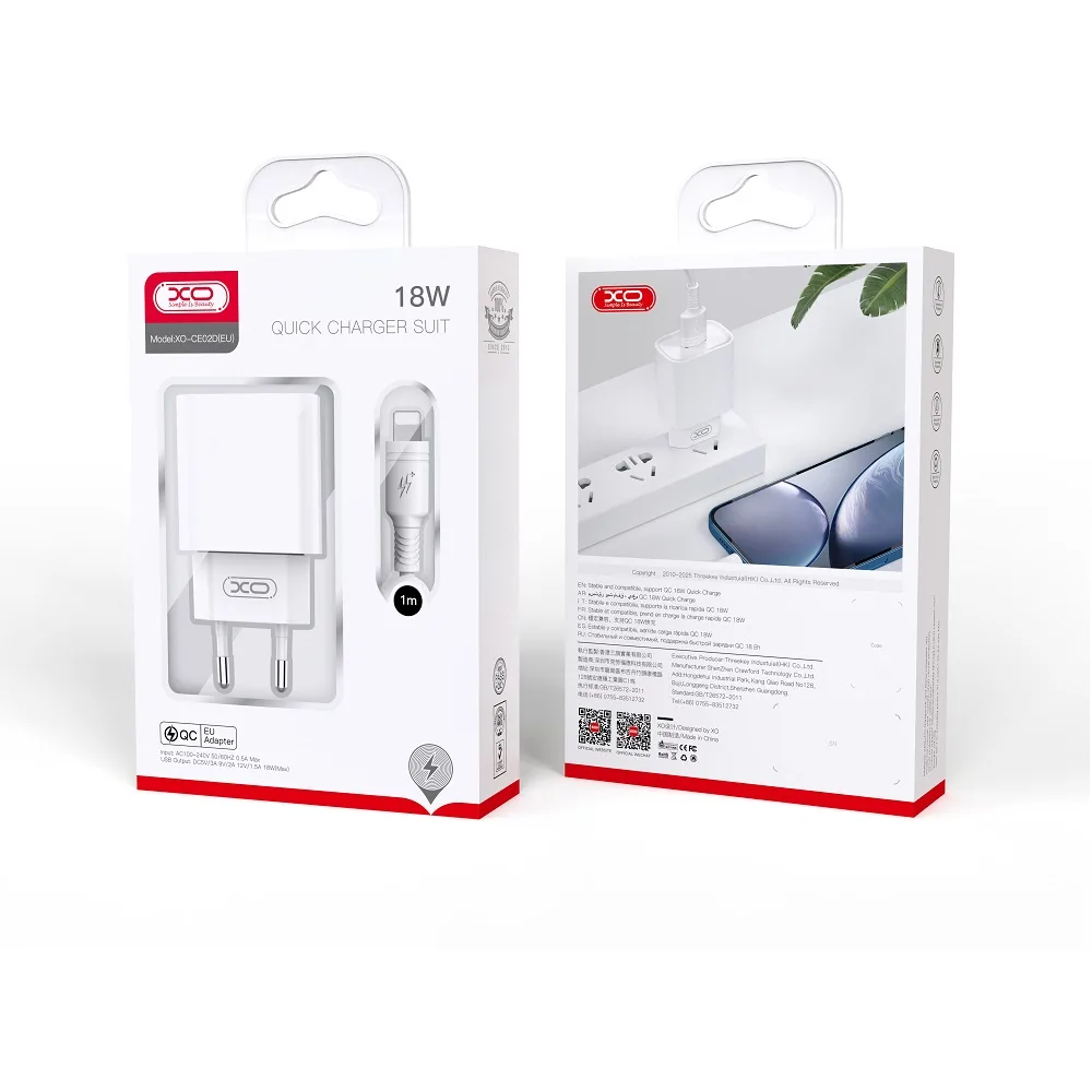 XO wall charger CE02D QC 3.0 18W 1x USB white + USB-C cable