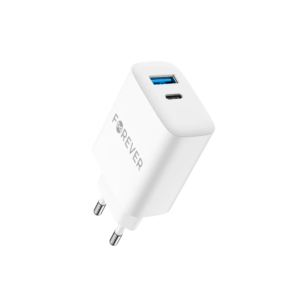 Forever TC-07-30AC PD QC charger 1x USB-C 1x USB 30W white + USB-C – USB-C cable 60W