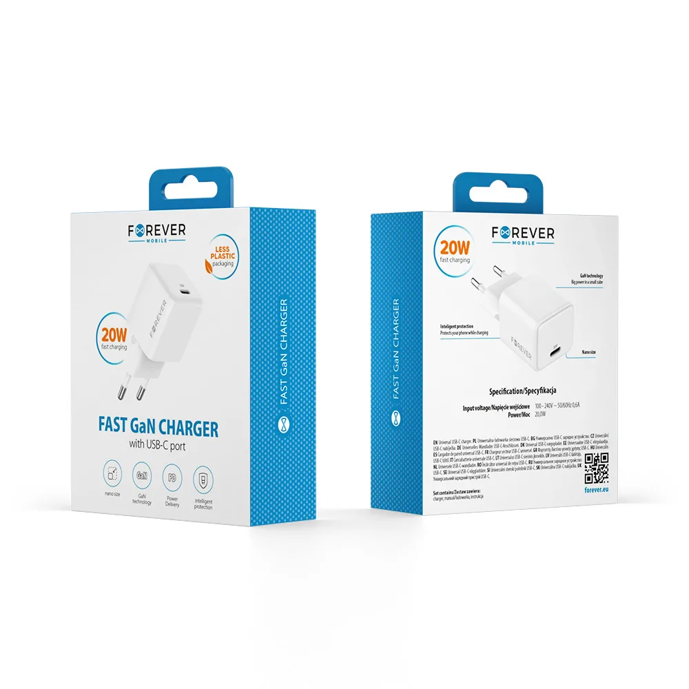 Evighets TC-08-20C GaN PD QC-laddare 1x USB-C 20W vit