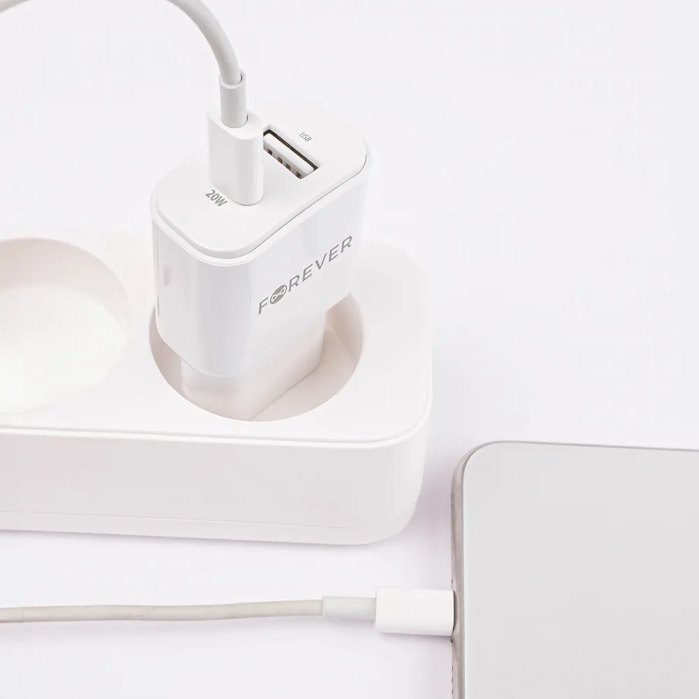 För alltid TC-01-20AC PD QC-laddare 1x USB-C 1x USB 20W vit + USB-C – Lightning-kabel 20W