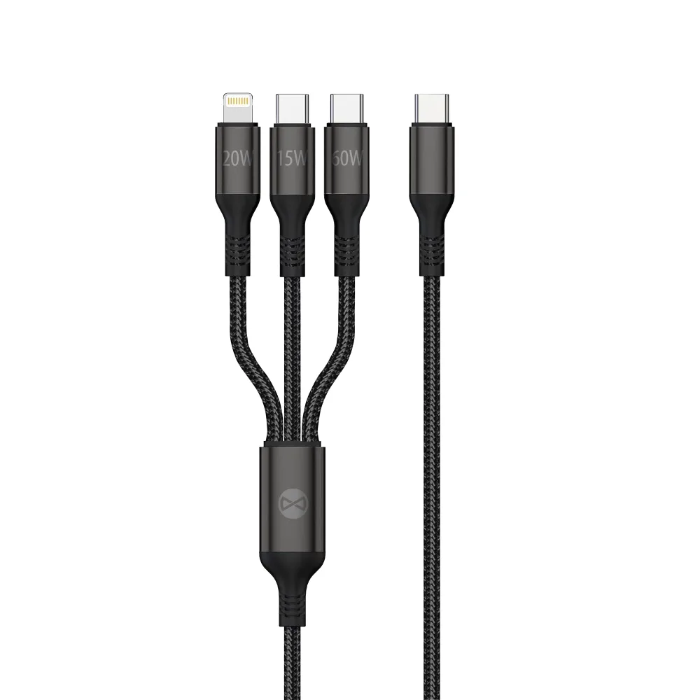 Forever 3in1-kabel USB-C – Lightning + 2x USB-C 1,2 m 60W svart