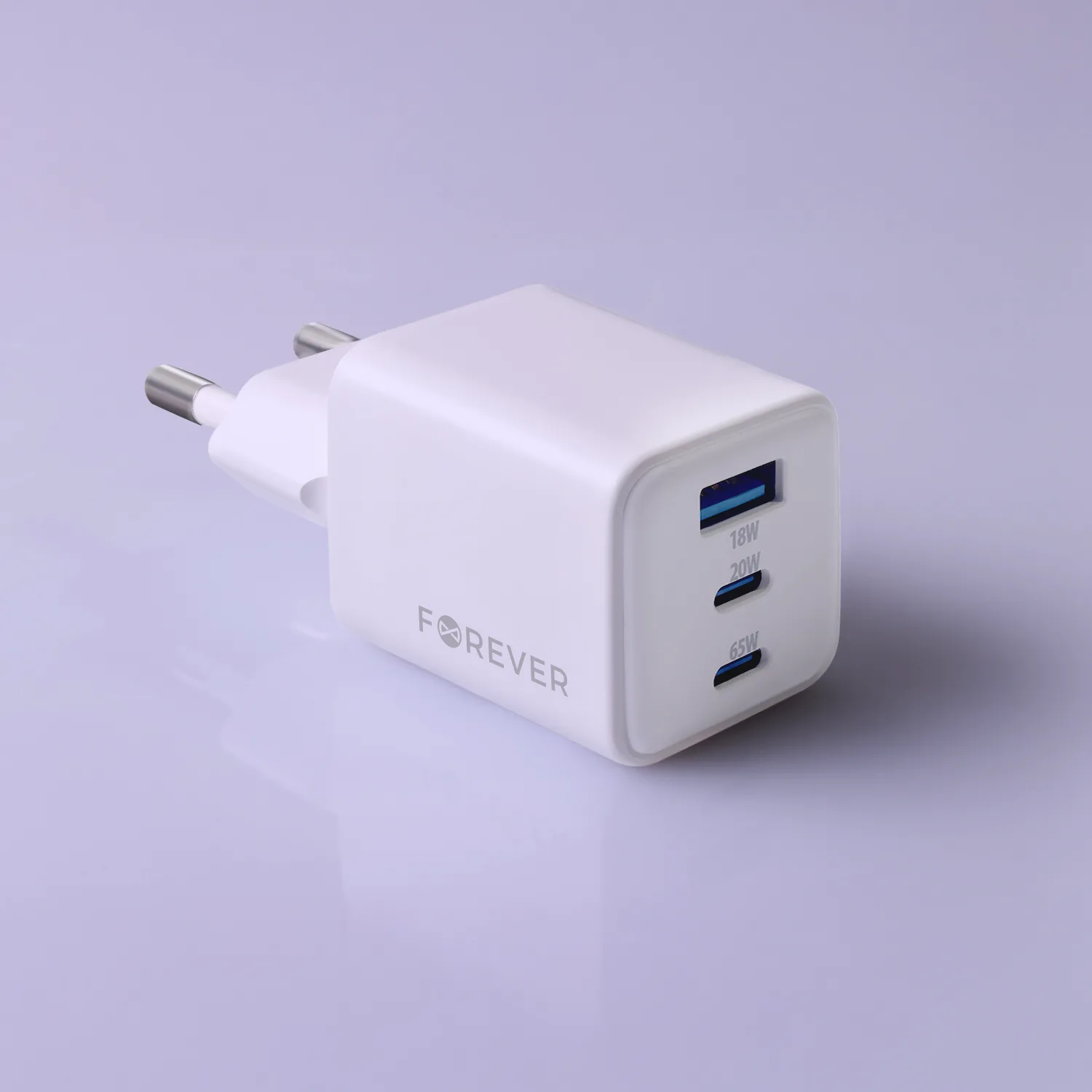 Forever TC-08-65ACC GaN PD QC-laddare 2x USB-C 1x USB 65W vit