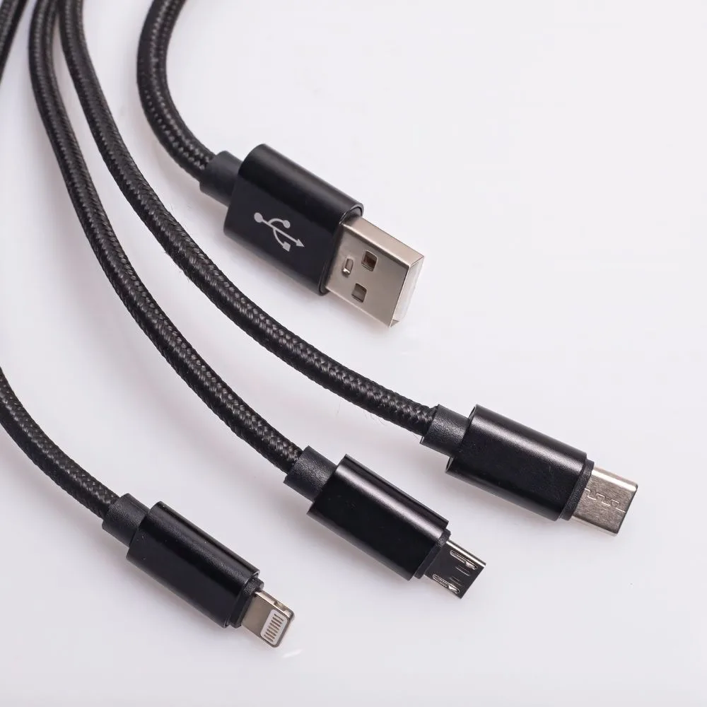 Maxlife 3in1 cable USB – Lightning + USB-C + microUSB 1,0 m 2,1A black nylon