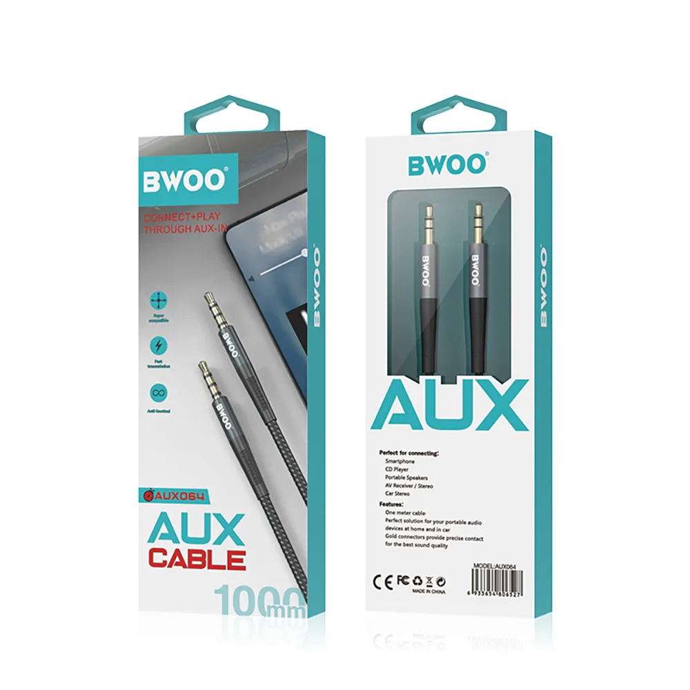BWOO Cable AUX 3.5mm – 3.5mm Nylon Braided + Aluminum Alloy Shell BO-AUX064 black