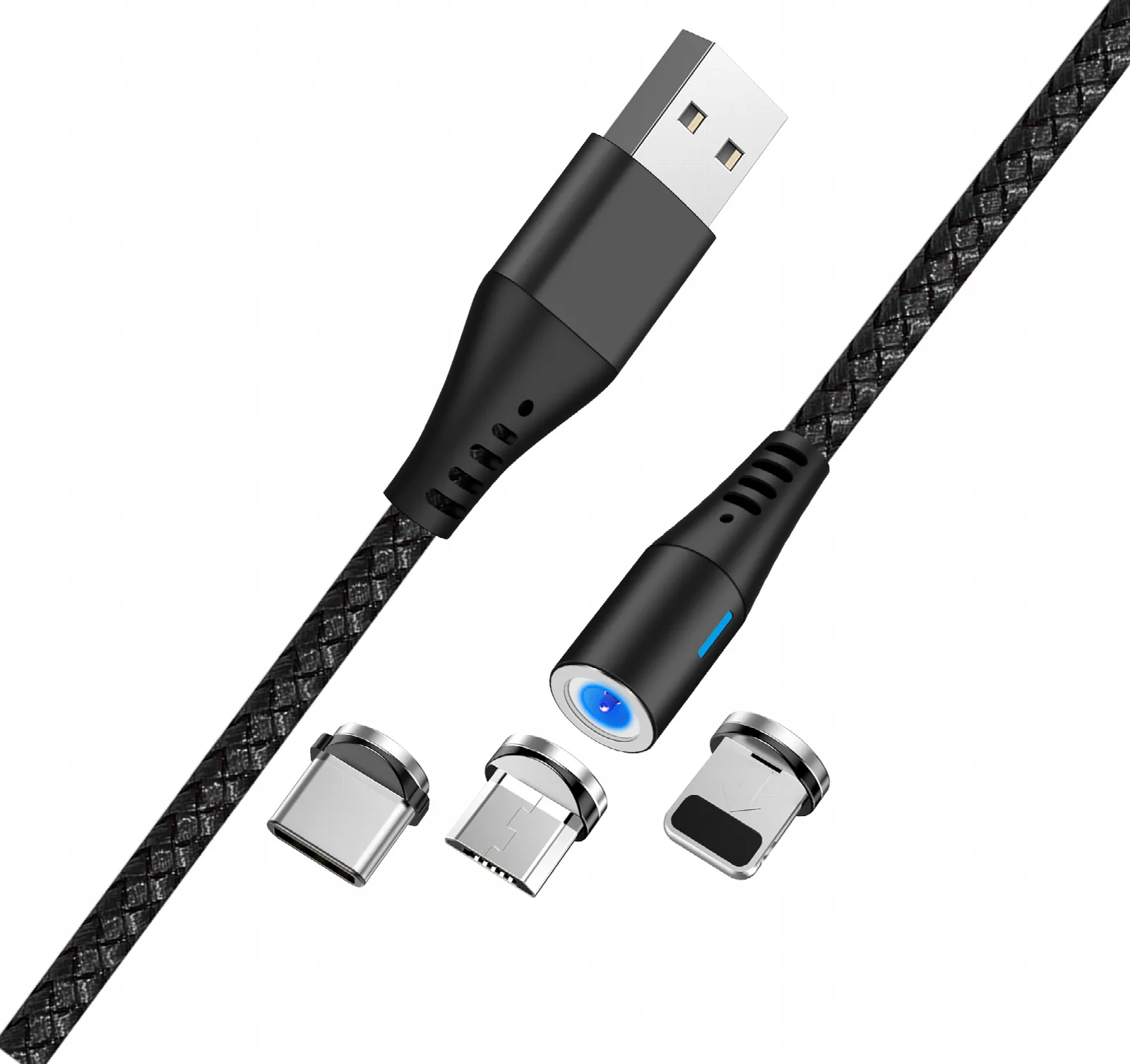Maxlife MXUC-02 magnetic cable USB – Lightning + USB-C + microUSB 1,0 m 2A black nylon