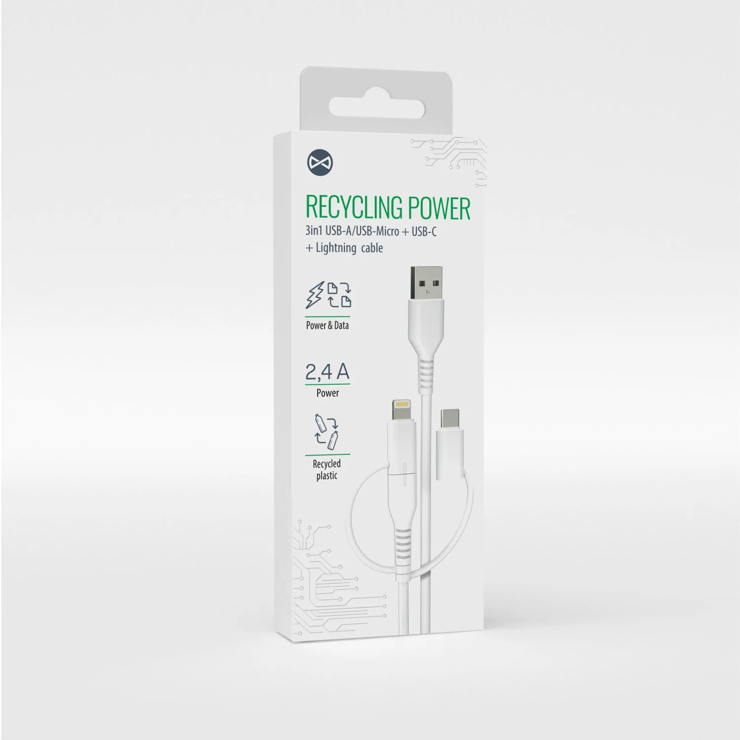 Evigt återvinningskabel 3w1 1,5m 2,4A USB-A – USB-C + microUSB + Lightning KR3W1-00 vit