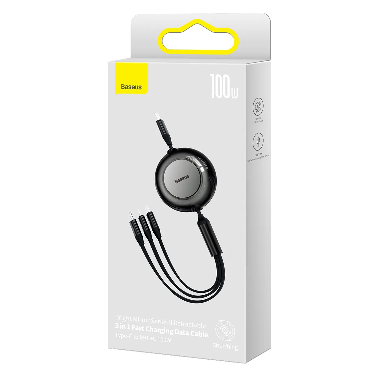 Baseus sladd Bright Mirror 2 3-i-1 USB – micro USB + Lightning + USB-C 1,1 m 100W svart upprullningsbar
