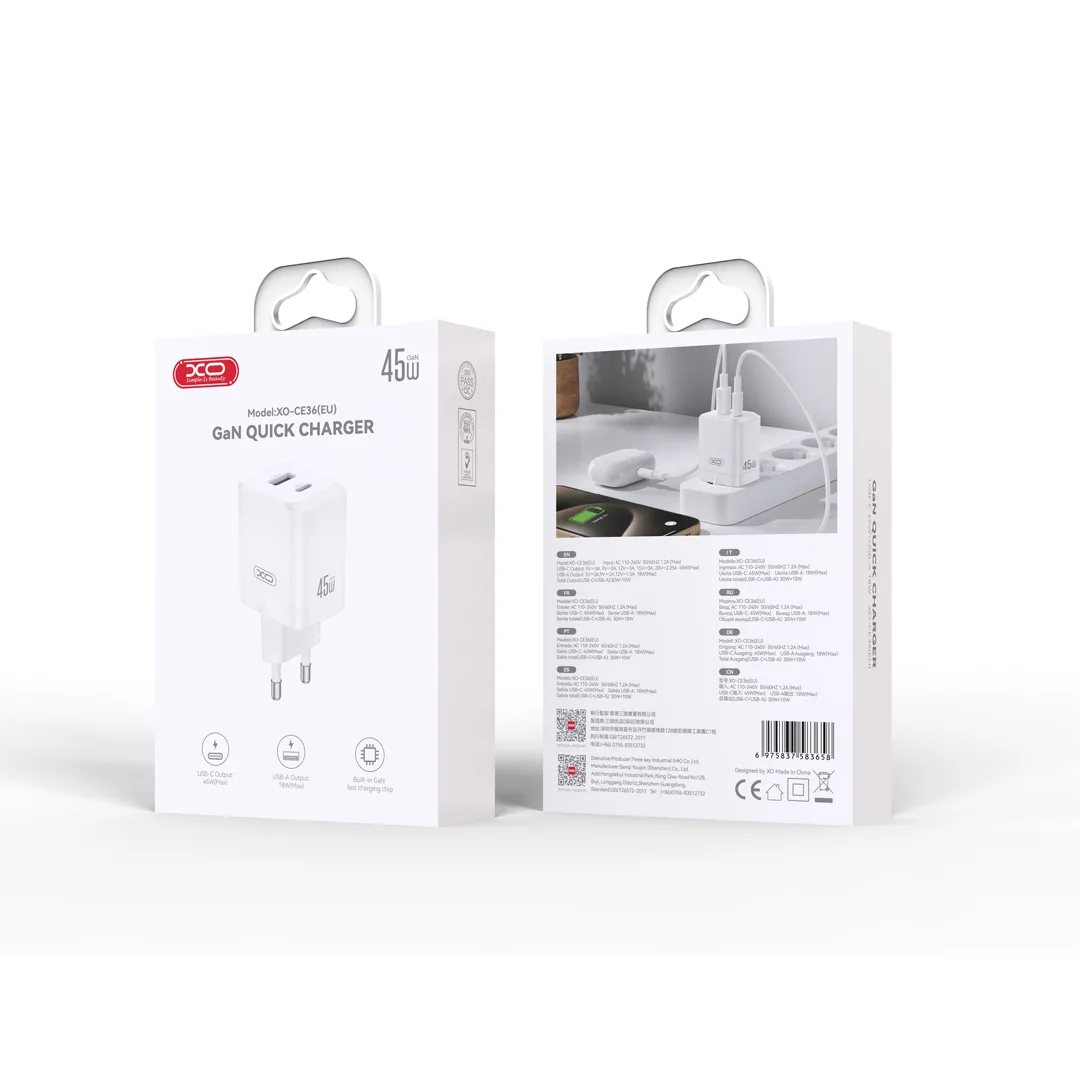 XO wall charger CE36 PD 45W 1x USB-C 1x USB white