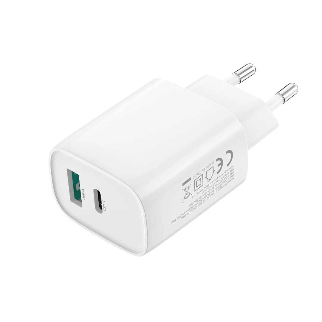 XO wall charger CE30 PD 30W 1x USB-C 1x USB white + cable USB-C – USB-C