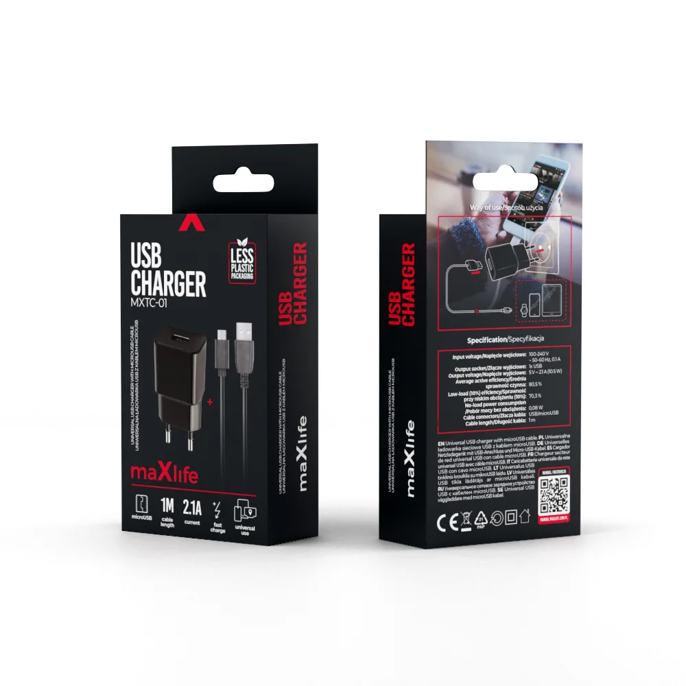 Maxlife MXTC-01 charger 1x USB 2.1A black + microUSB cable