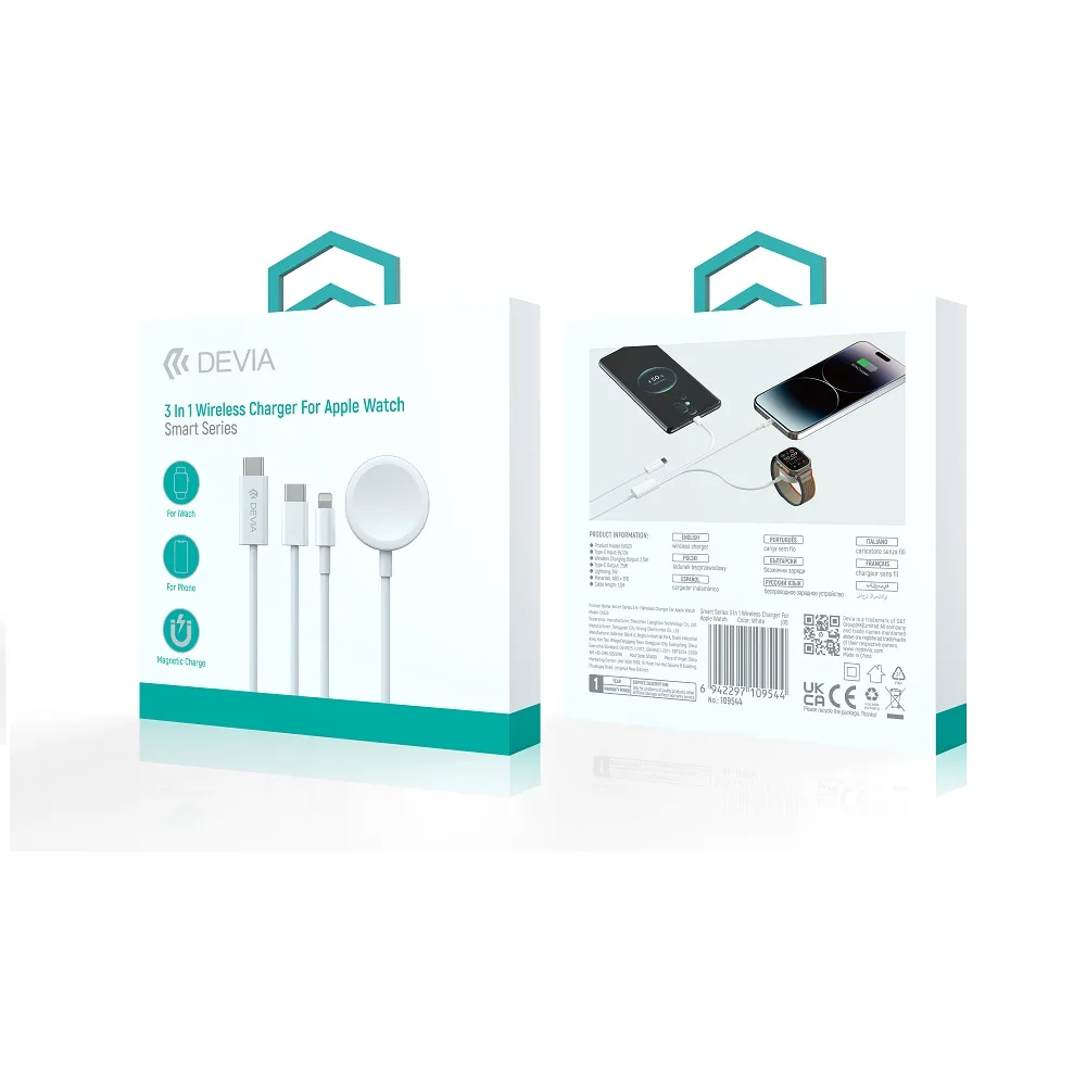 Devia kabel 3in1 Smart EA520 USB-C – USB-C + Lightning vit med induktiv magnetladdare för Apple Watch