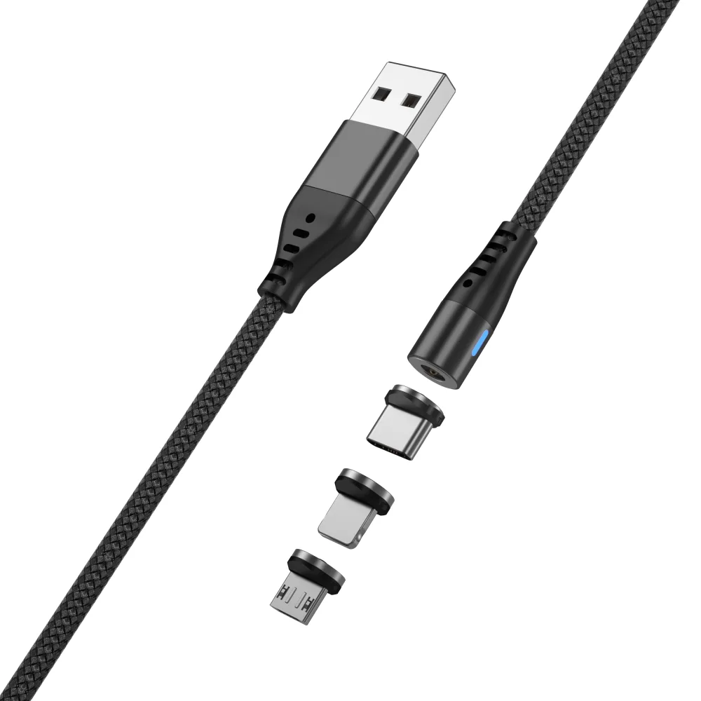 Maxlife MXUC-02 magnetic cable USB – Lightning + USB-C + microUSB 1,0 m 2A black nylon