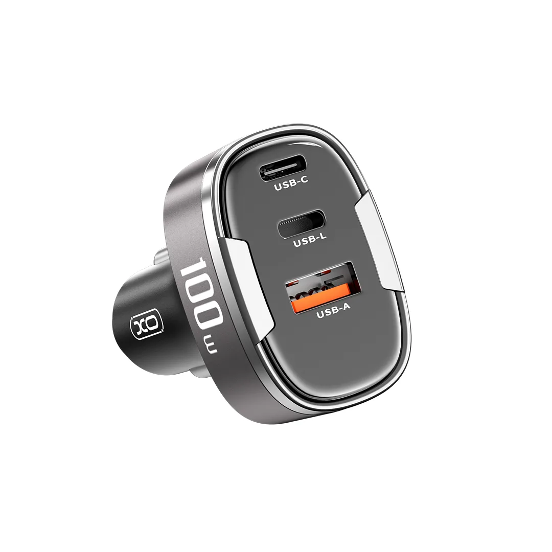 XO car charger CC61 PD QC 3.0 100W 1x USB 1x USB-C 1x Lightning gray