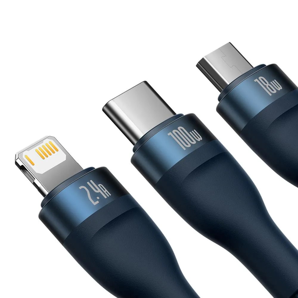 Baseus sladd 3in1 Flash II USB – micro USB + Lightning + USB-C 1,2 m 3,5A blå 66W