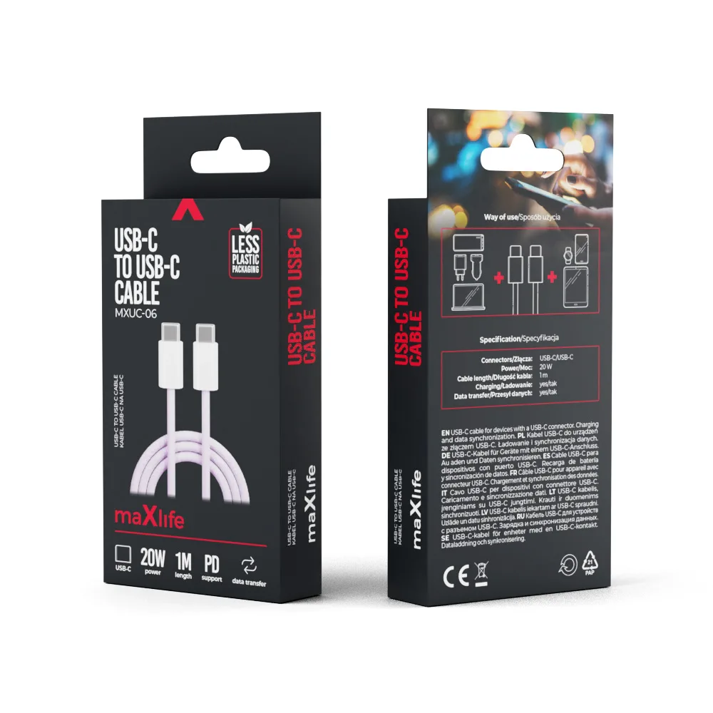 Maxlife MXUC-06 cable USB-C – USB-C 1,0 m 20W purple nylon