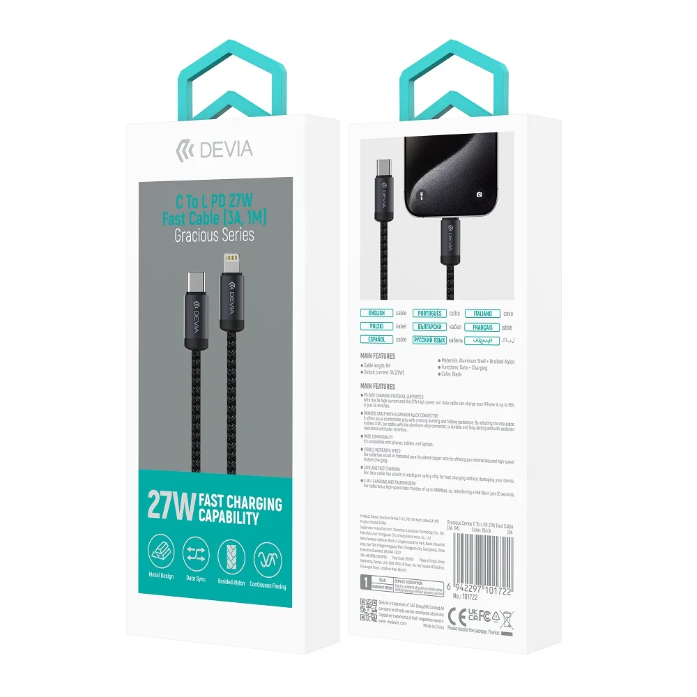 Devia cable Gracious EC645 PD USB-C – Lightning 1,0 m 27W 3A black
