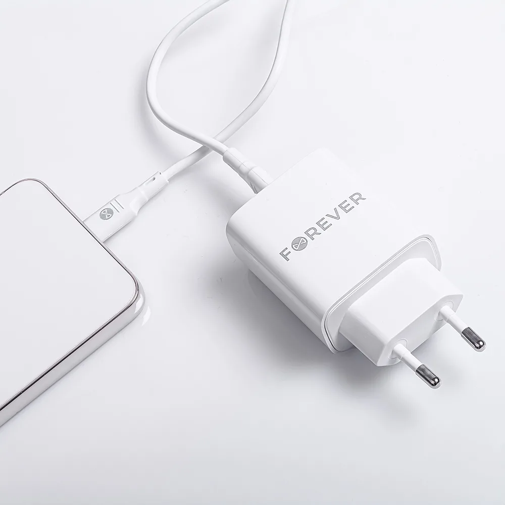 Forever TC-07-30AC PD QC charger 1x USB-C 1x USB 30W white + USB-C – USB-C cable 60W