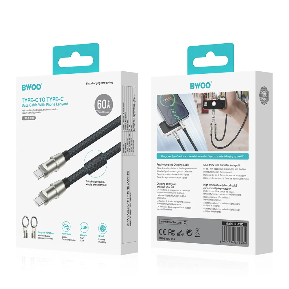 BWOO Lanyard-kabel USB-C – USB-C 1,2 m 60W med band