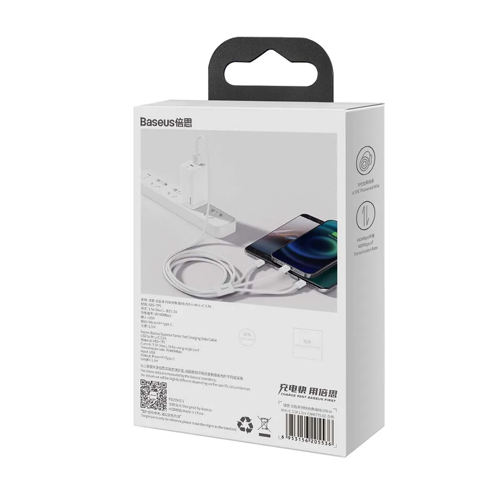 Baseus cable 3in1 Superior USB – Lightning + USB-C + microUSB 1,5 m 3,5A white