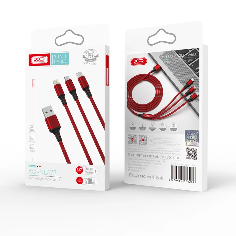 XO-kabel NB173 3in1 USB – Lightning + USB-C + microUSB 1,2 m 2,4A röd
