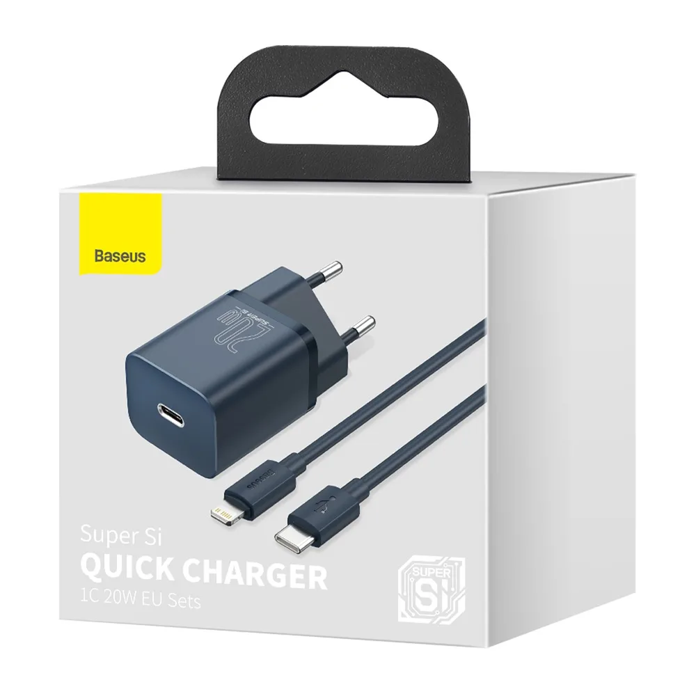 Baseus väggladdare Super Si PD 20W 1x USB-C blå + USB-C – Lightning-kabel