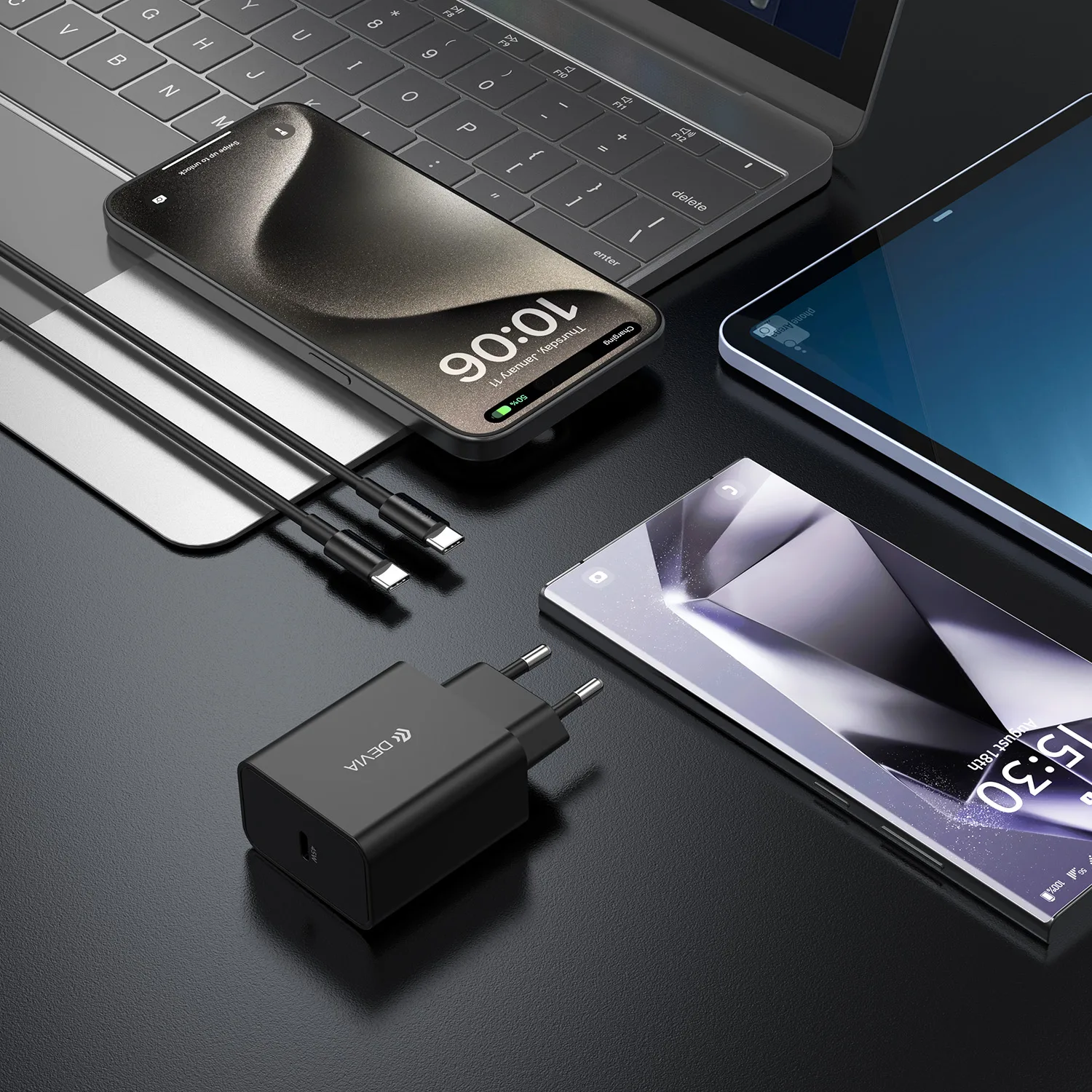 Devia väggladdare Rocket PD 45W 1x USB-C vit + kabel USB-C – USB-C