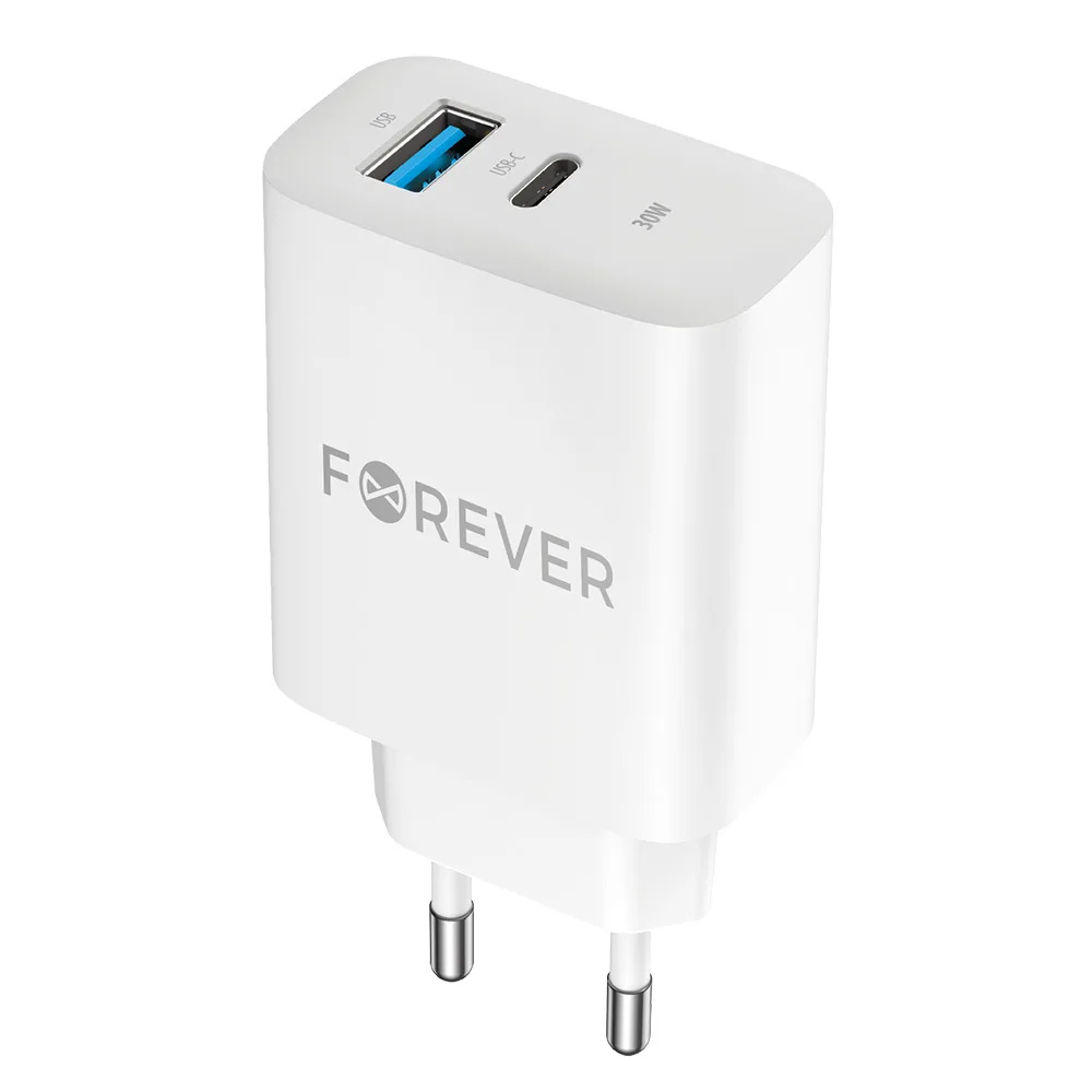 Forever TC-07-30AC PD QC charger 1x USB-C 1x USB 30W white + USB-C – USB-C cable 60W