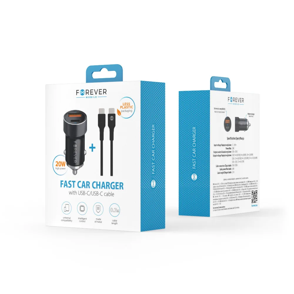 Forever CC-06 PD QC bil-laddare 1x USB-C 1x USB 20W svart + USB-C – USB-C-kabel 60W
