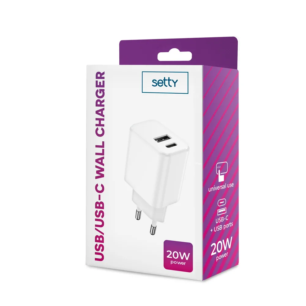 Setty charger 1x USB + USB-C 3A 20W white