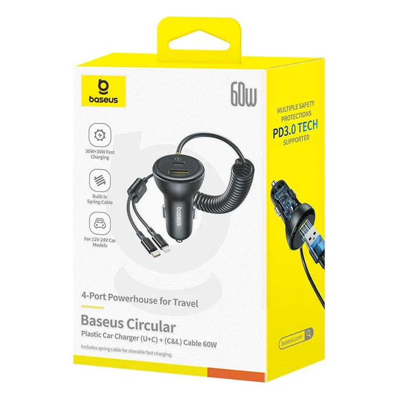Baseus PD bilopladdare 1x USB-C – USB-A-port 60W svart