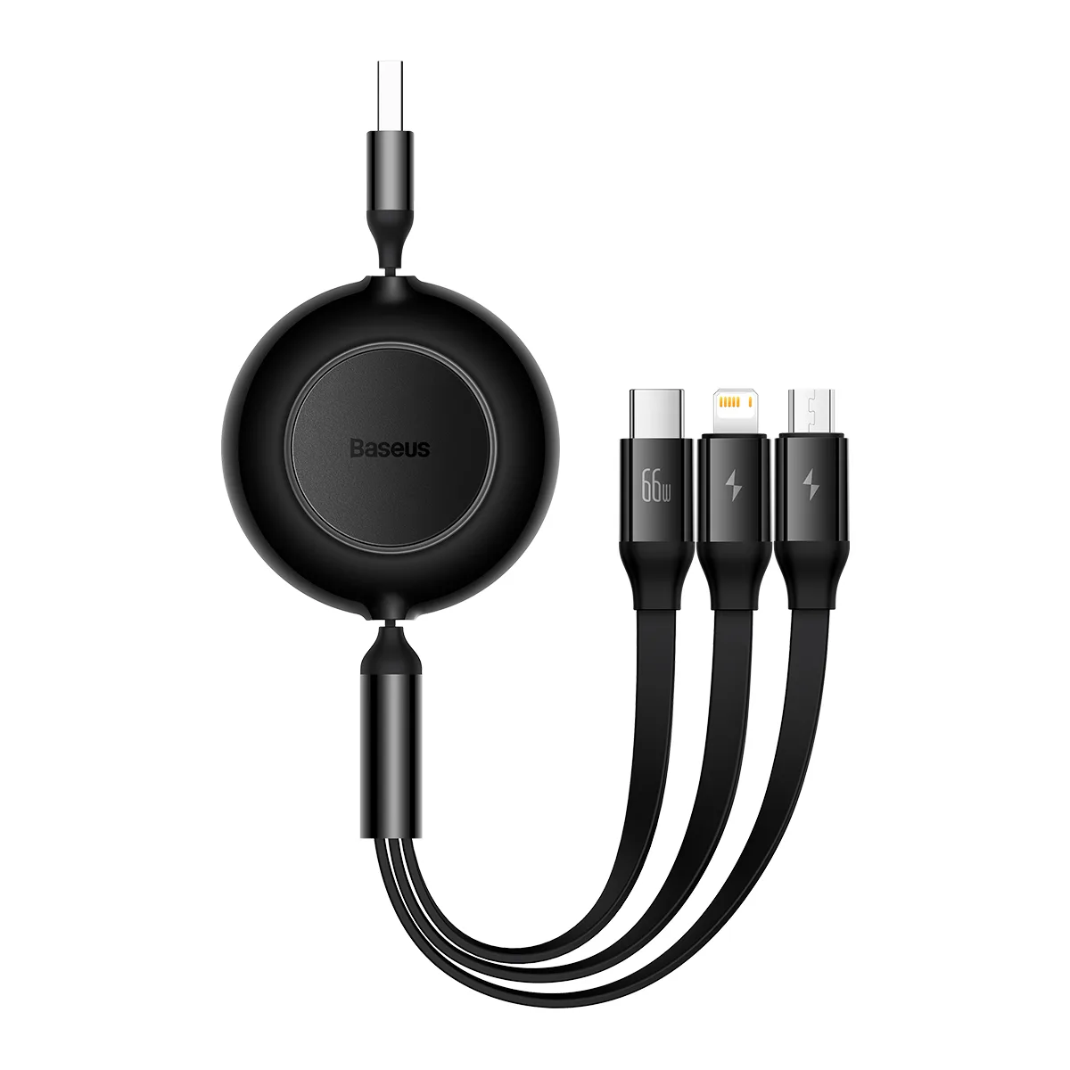 Baseus sladd Bright Mirror 2 3-i-1 USB – micro USB + Lightning + USB-C 1,1 m 66W svart upprullbar