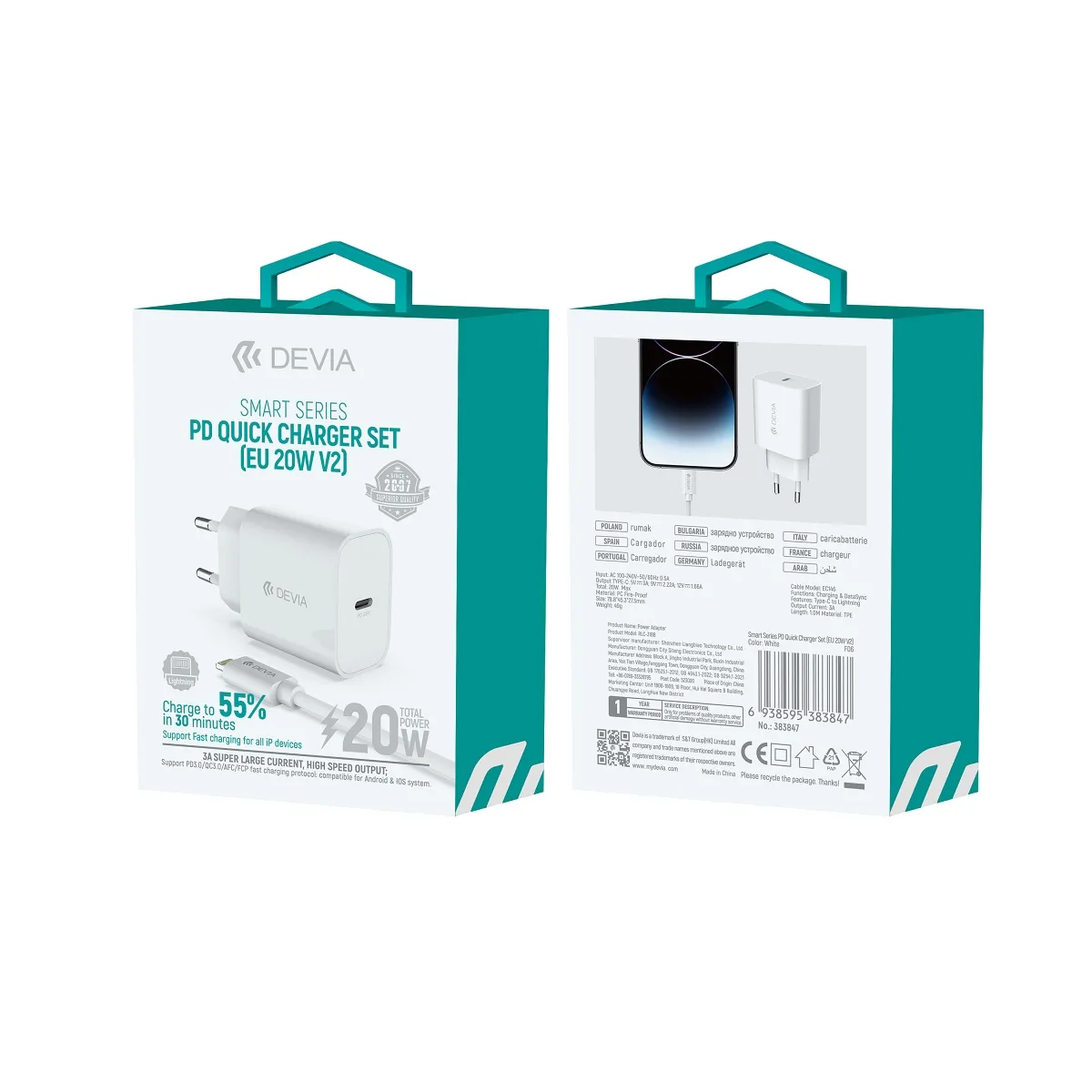 Devia wall charger Smart PD 20W 1x USB-C white + Lightning – USB-C cable V2